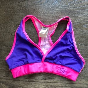 Zumba Fitness Size Small Sports Bra Purple w/ Hot Pink Trim